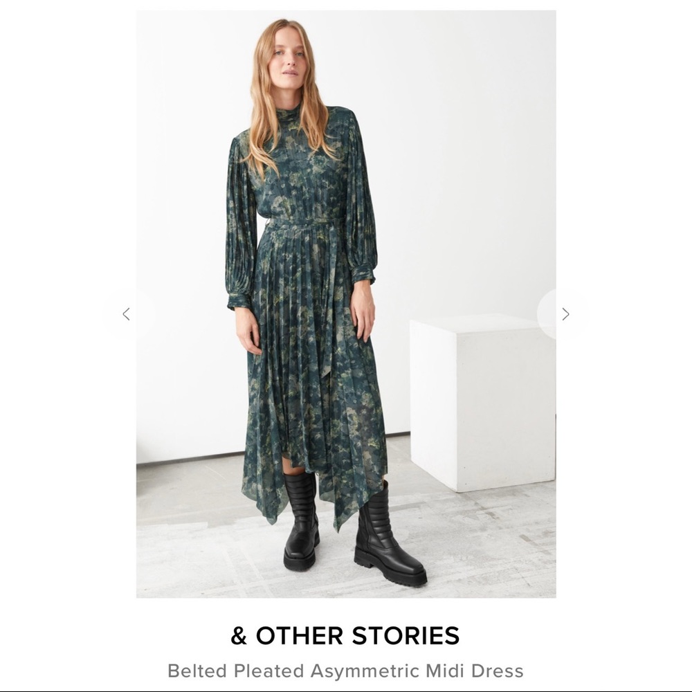 & Other Stories Belted Pleated Asymmetric Midi Dress